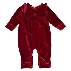 Isobella & Chloe Queen of Hearts Velvet Deep‎ Crimson Christmas Romper 9M